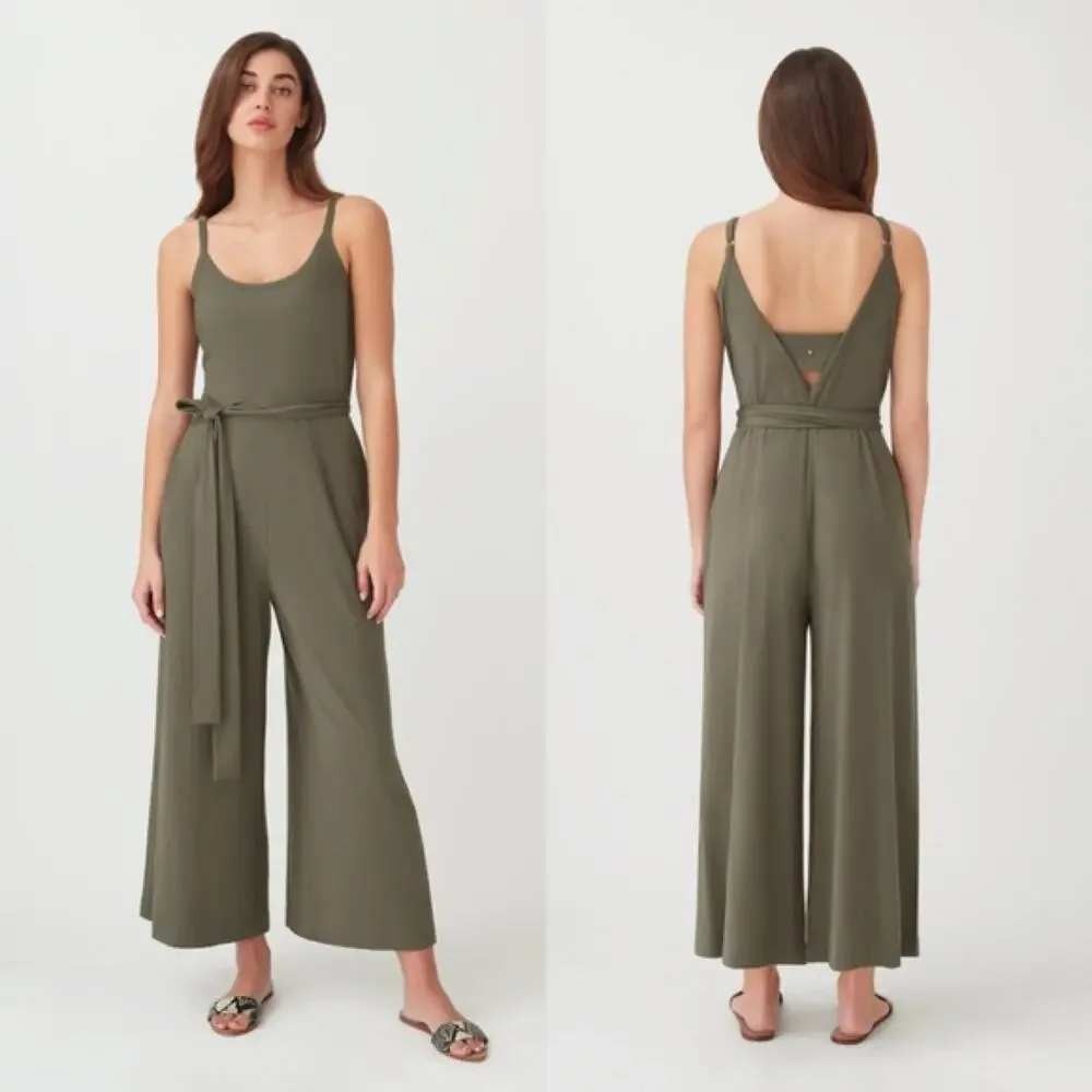 Cuyana Womens V-Neck Jumpsuit Size XS Olive Green Tie Back Wide Leg